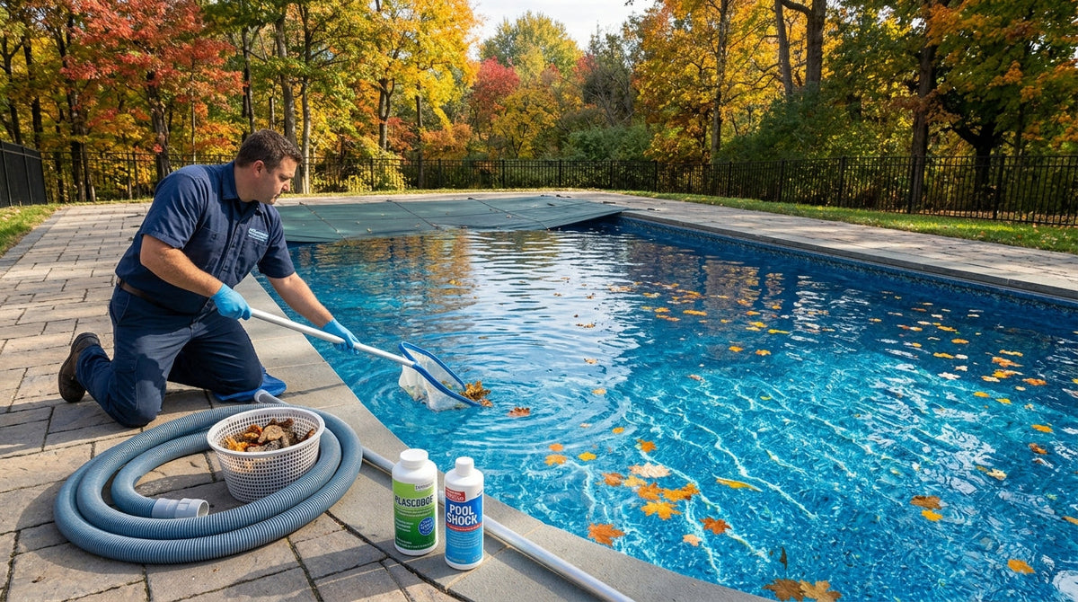 pool technician cleaning a pool and preparing it for closing