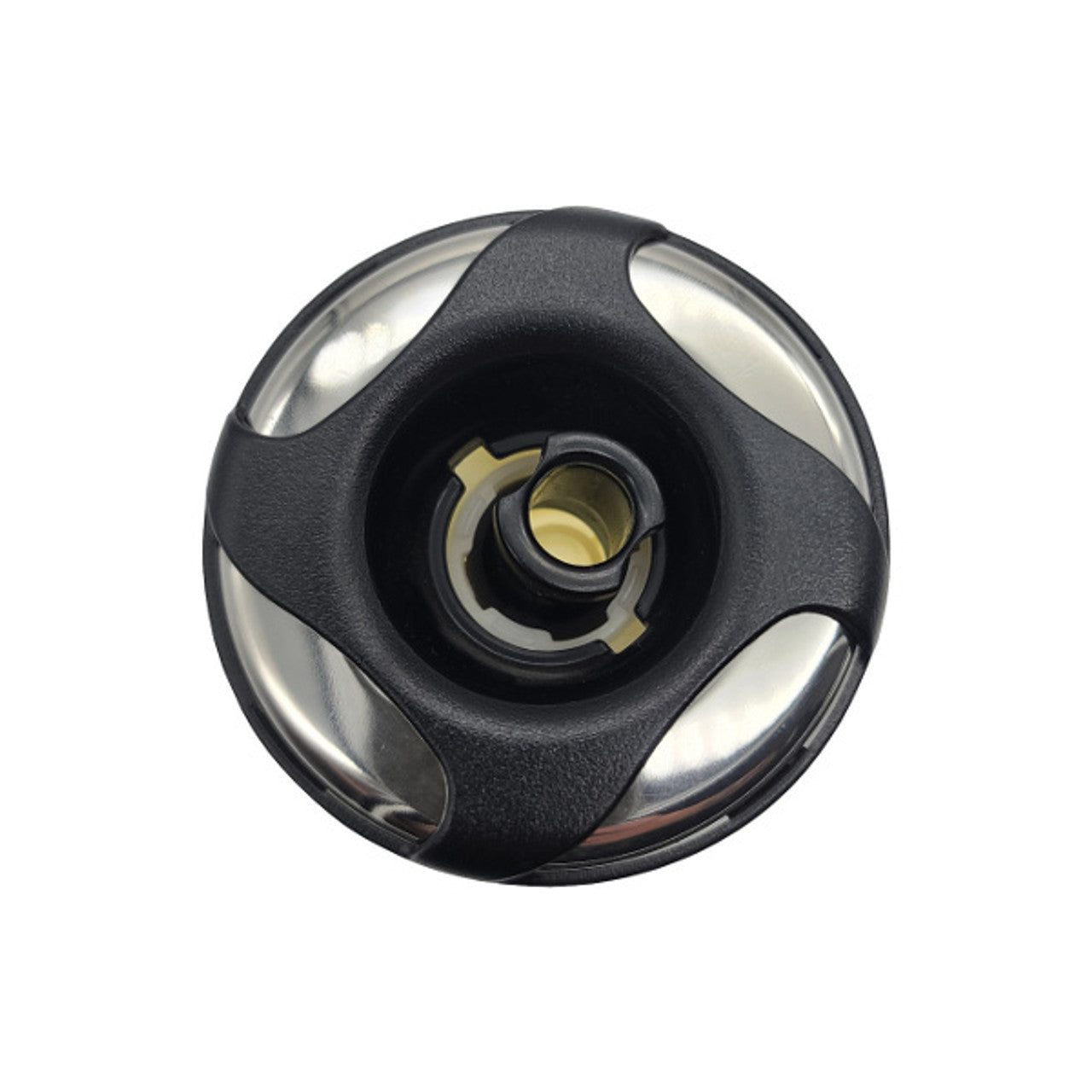 3-1/4 inch threaded hot tub jet featuring a stainless steel face and black plastic overlay.