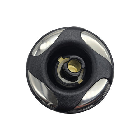 3-1/4 inch threaded hot tub jet featuring a stainless steel face and black plastic overlay.