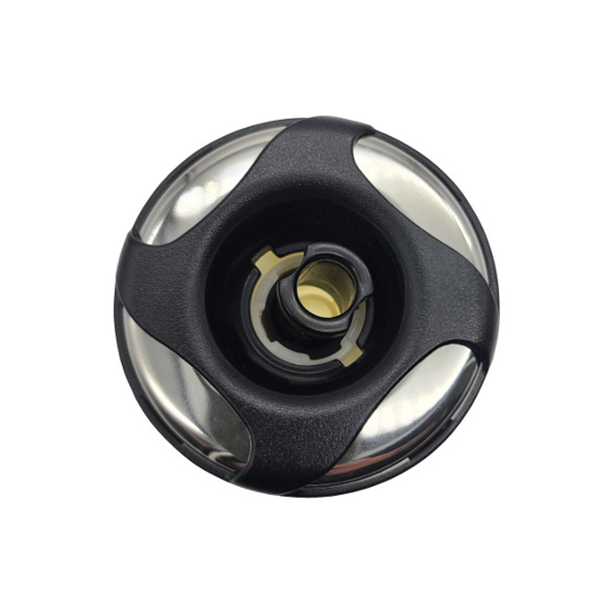 Waterway 3-1/4 inch threaded hot tub jet with black plastic overlay and stainless steel front face.