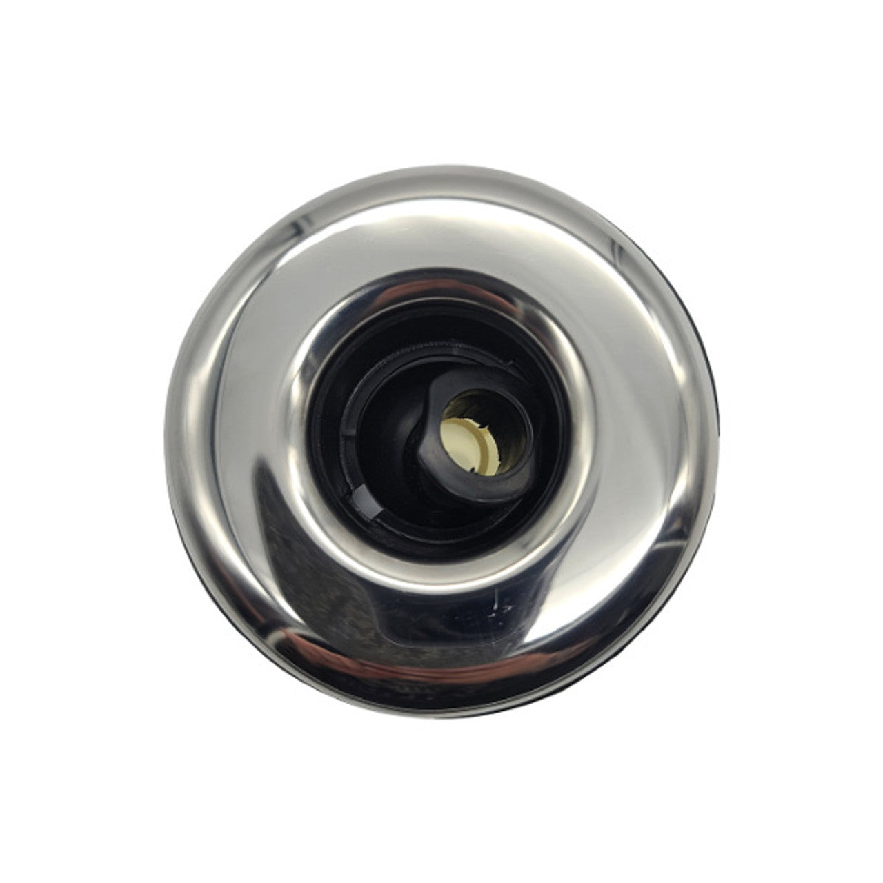 Waterway Threaded 3 Hot Tub Jet featuring a black interior and stainless steel escutcheon, top view.