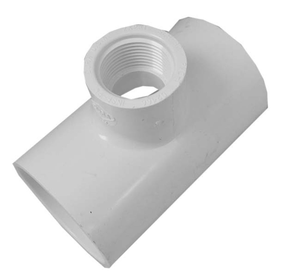 White PVC TEE  1-1/2" Slip x 1-1/2" Slip Reducing 3/4" FPT