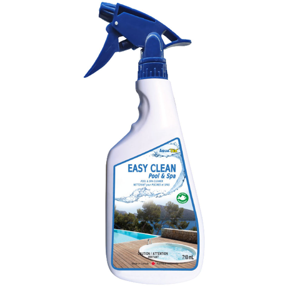 Easy Clean Pool and Spa spray bottle from Aqua-Tek Inc with a pool in the background, eco-friendly cleaner.