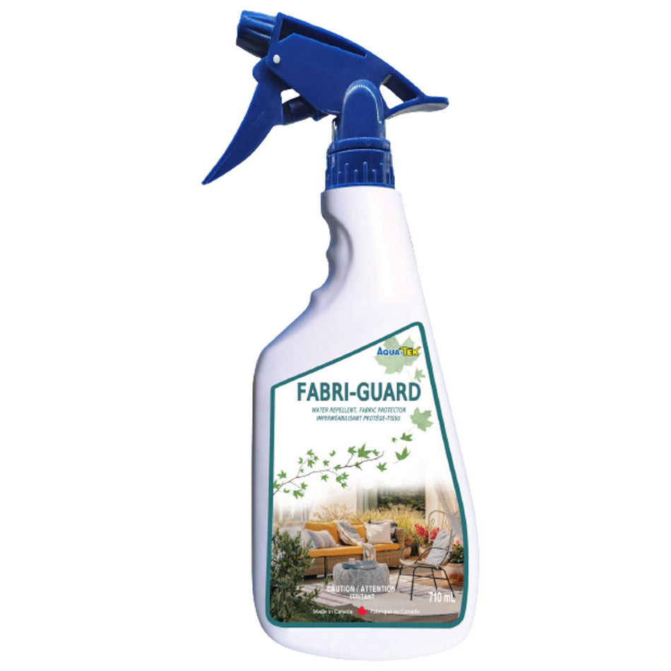 Bottle of Fabri-Guard spray, a water repellent and UV inhibitor for outdoor fabrics by Aqua-Tek Inc.