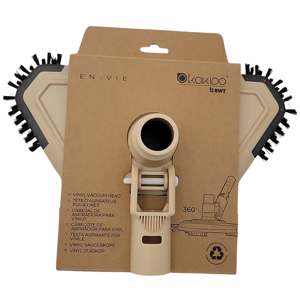 Vinyl Vacuum Head by Kokido on packaging, designed for efficient pool cleaning with swivel and brushes.