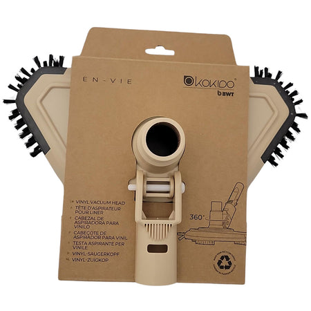 Vinyl Vacuum Head by Kokido on packaging, designed for efficient pool cleaning with swivel and brushes.