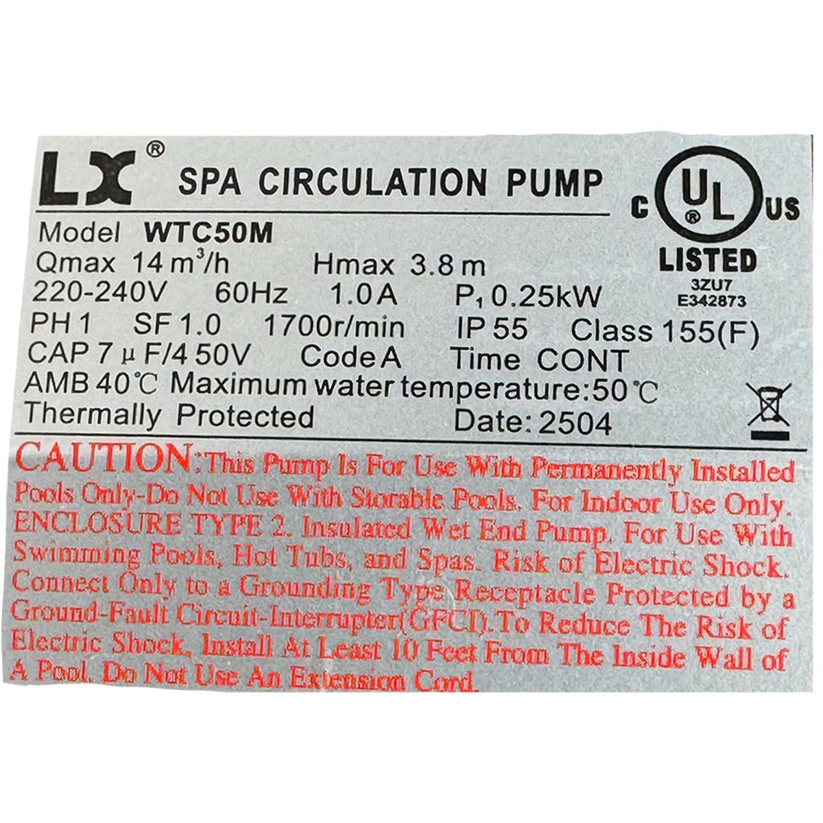 LX Circ Pump 240 Volts - WTC50M-L
