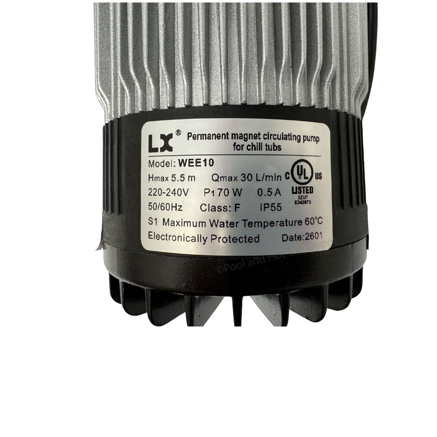 LX-E10 Circulation Pump 230V model WEE10 with specifications and features for hot tubs and chill tubs.