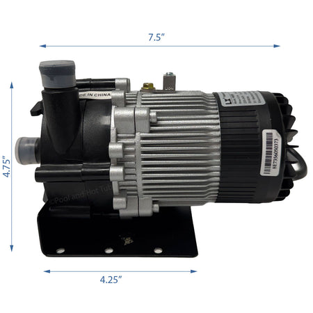 LX-E10 Circulation Pump 230V with dimensions 7.5" x 4.75" x 4.25" for hot tubs and low-flow heaters.